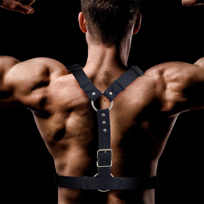 Fabrio male chest harness made of vegan leather, featuring black straps, o-rings and mental studs. From Eden's Temple fetish wear Ireland. 