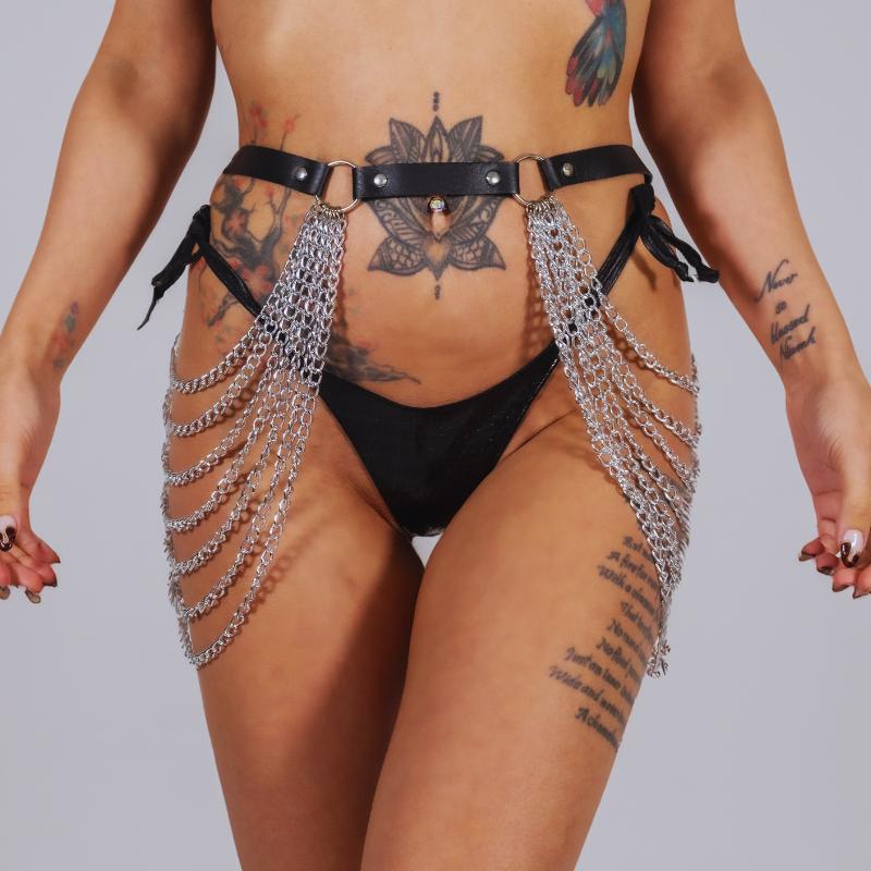 Rio waist belt with chains, crafted from vegan leather. Fetish wear for kinky minds, brought to you by Eden's Temple.