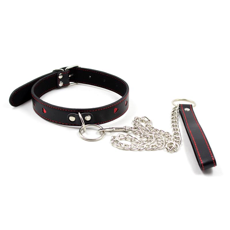 Collar with heart inlay and chain leash for bdsm games from  eden's temple kink boutique