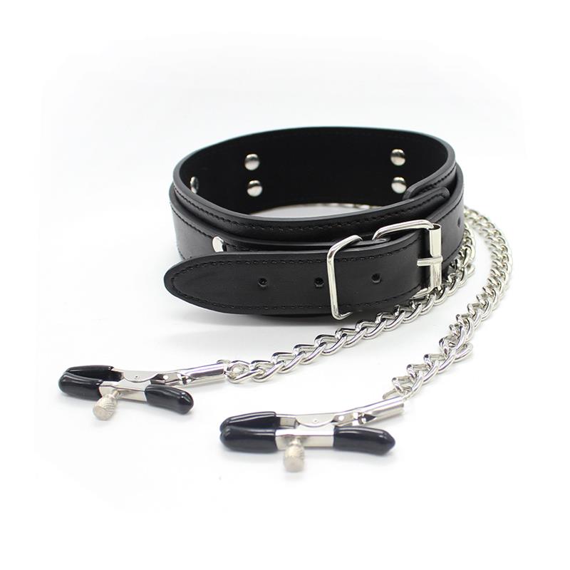 Fetish Addict Collar With Nipple Clamps And Metal Chain - Eden's Temple